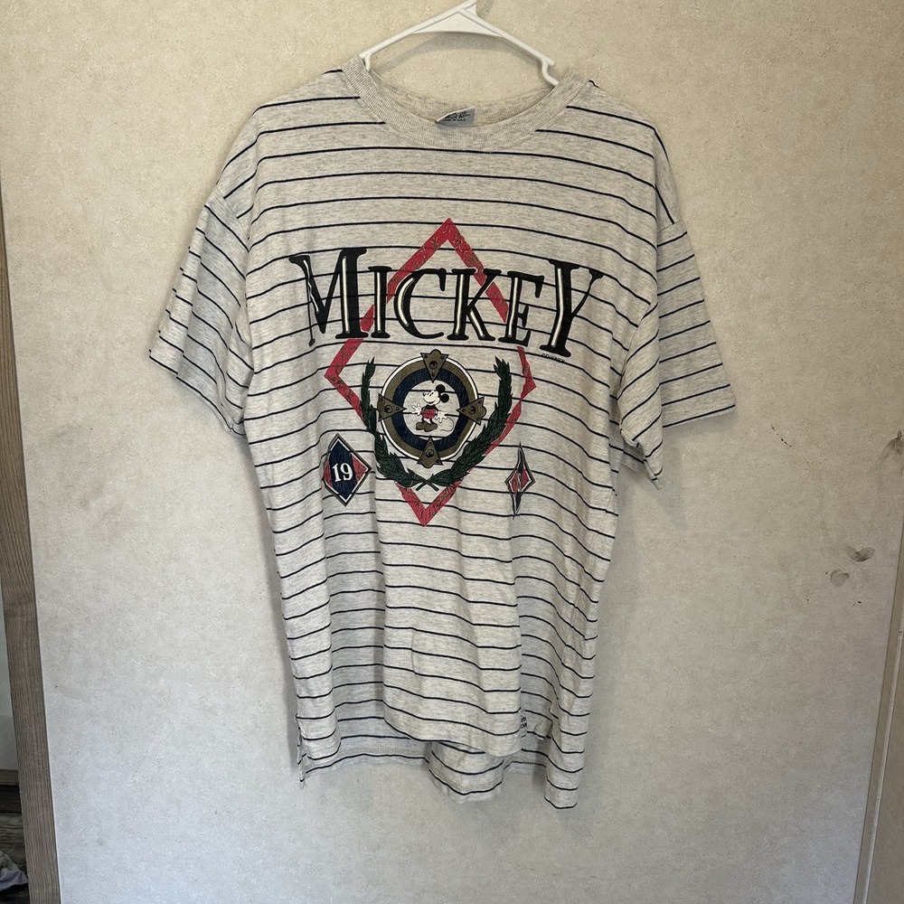 Vtg 90s Walt Disney Mickey Mouse Striped Graphic Printed T-Shirt‎ USA Large